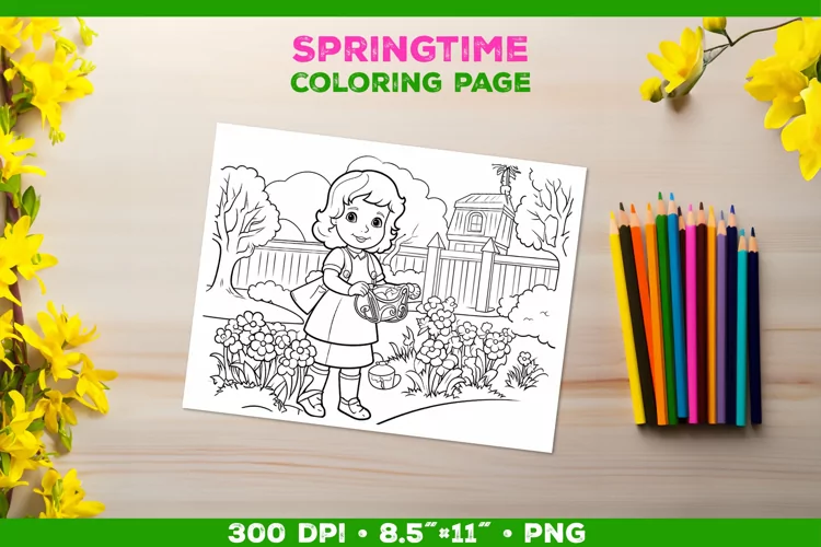 Coloring Page with Girl Tending Garden. Girl Coloring Book