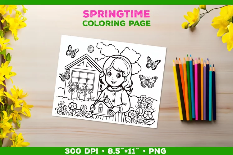 Coloring Page with Girl Tending Garden. Girl Coloring Book