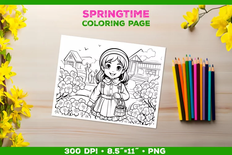 Coloring Page with Girl Tending Garden. Girl Coloring Book