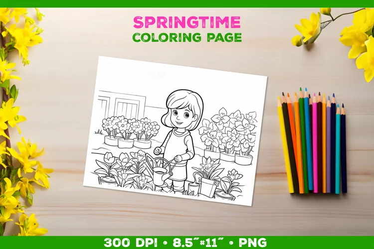 Coloring Page with Girl Tending Garden. Girl Coloring Book
