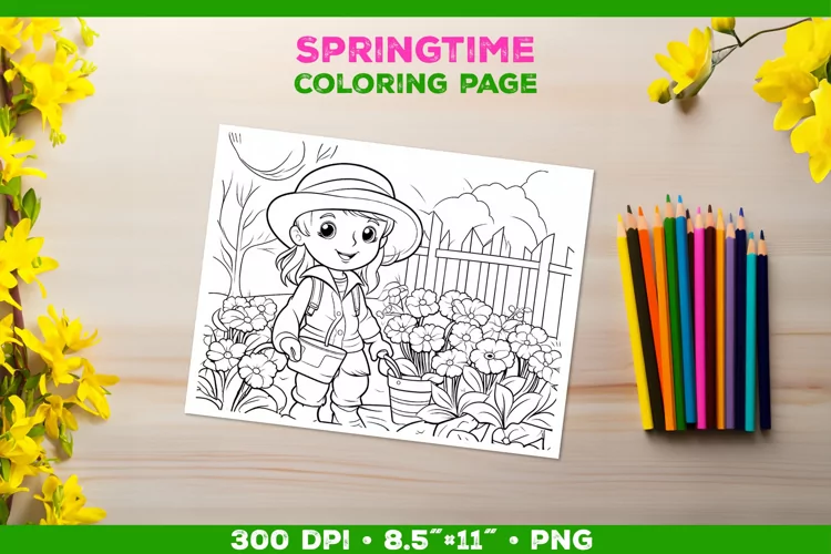 Coloring Page with Girl Tending Garden. Girl Coloring Book