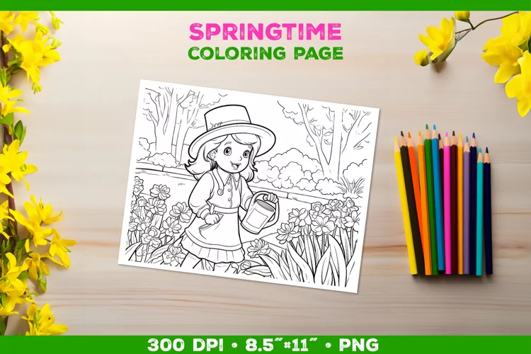 Coloring Page with Girl Tending Garden. Girl Coloring Book