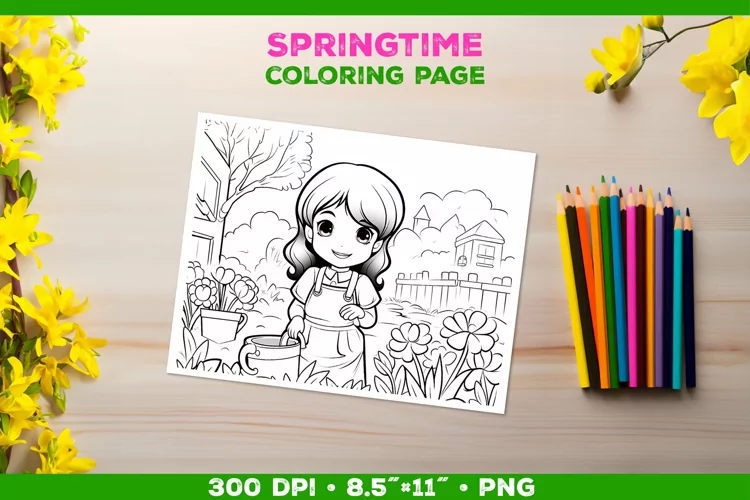 Coloring Page with Girl Tending Garden. Girl Coloring Book
