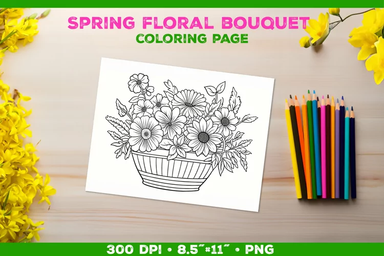 Spring floral bouquet coloring page. Kids coloring book