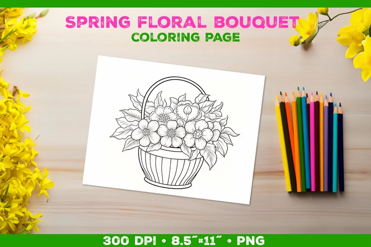 Spring floral bouquet coloring page. Kids coloring book