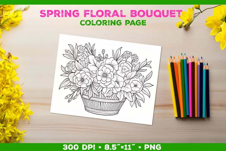 Spring floral bouquet coloring page. Kids coloring book