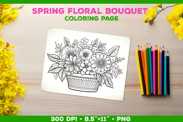 Spring floral bouquet coloring page. Kids coloring book