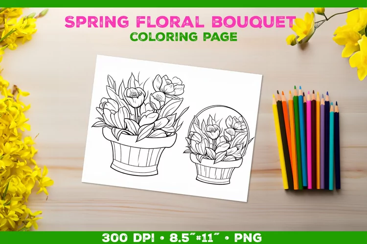 Spring floral bouquet coloring page. Kids coloring book