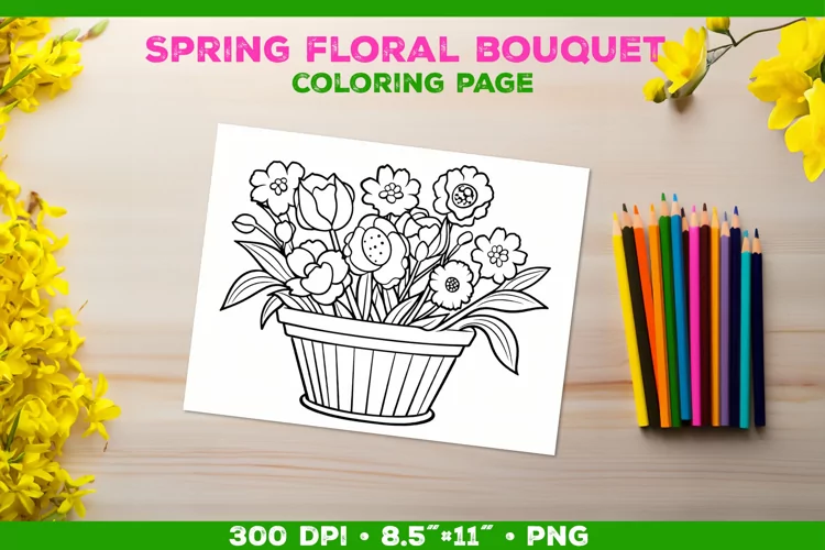 Spring floral bouquet coloring page. Kids coloring book