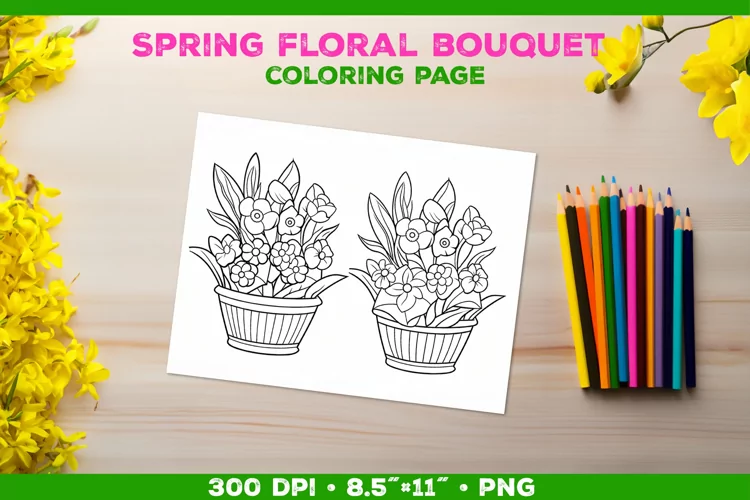 Spring floral bouquet coloring page. Kids coloring book