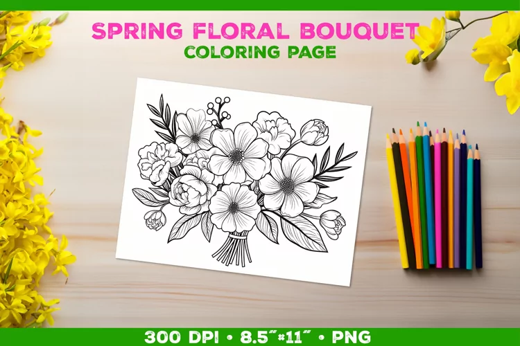 Spring floral bouquet coloring page. Kids coloring book