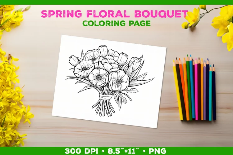 Spring floral bouquet coloring page. Kids coloring book