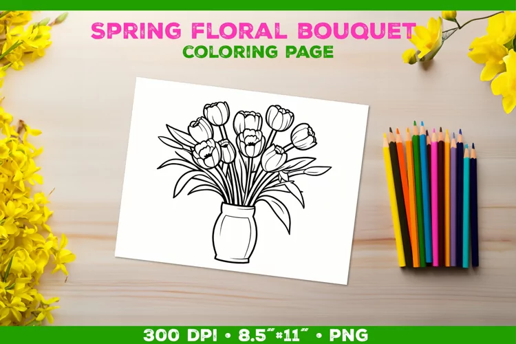Spring floral bouquet coloring page. Kids coloring book