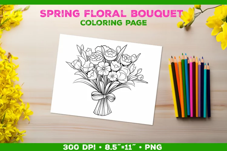 Spring floral bouquet coloring page. Kids coloring book