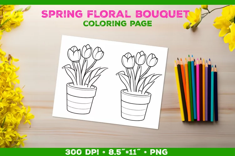 Spring floral bouquet coloring page. Kids coloring book