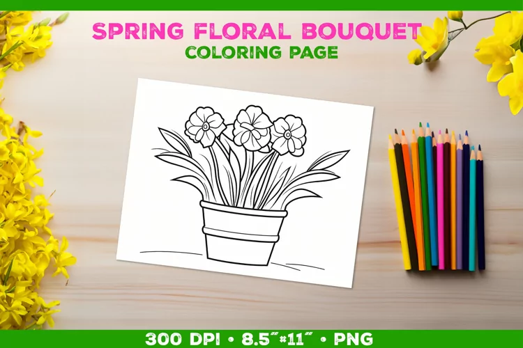 Spring floral bouquet coloring page. Kids coloring book