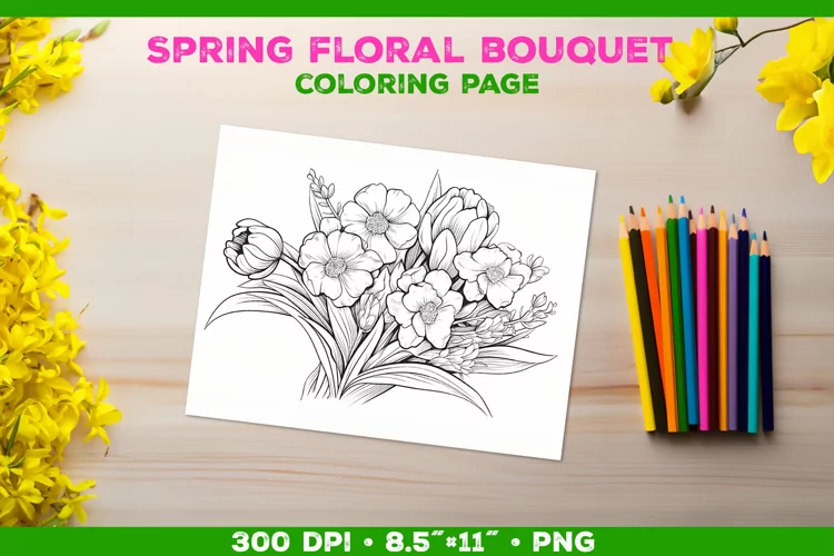Spring floral bouquet coloring page. Kids coloring book