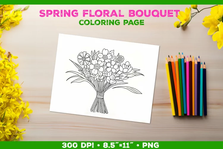 Spring floral bouquet coloring page. Kids coloring book