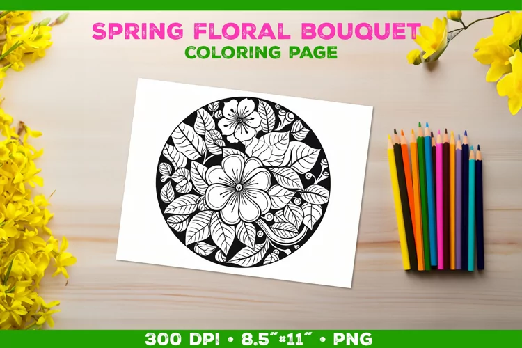 Spring floral bouquet coloring page. Kids coloring book