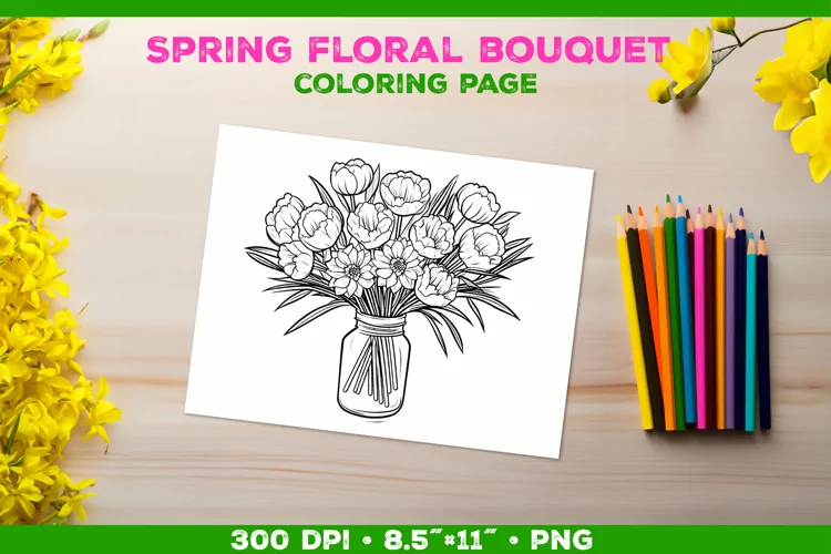 Spring floral bouquet coloring page. Kids coloring book