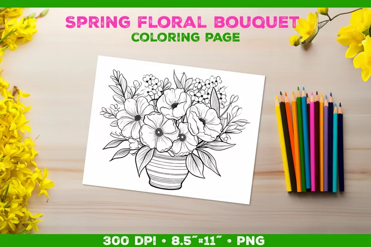 Spring floral bouquet coloring page. Kids coloring book