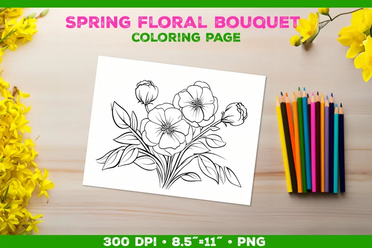 Spring floral bouquet coloring page. Kids coloring book