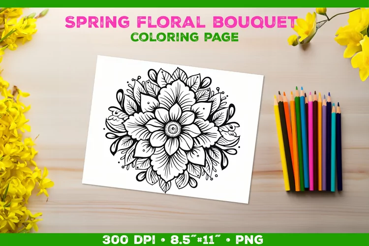 Spring floral bouquet coloring page. Kids coloring book