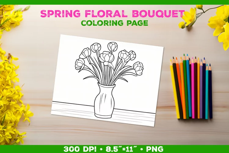 Spring floral bouquet coloring page. Kids coloring book