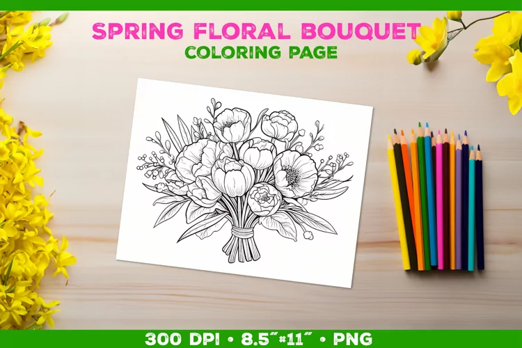 Spring floral bouquet coloring page. Kids coloring book
