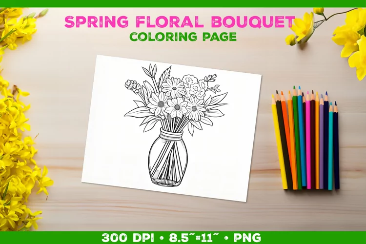 Spring floral bouquet coloring page. Kids coloring book
