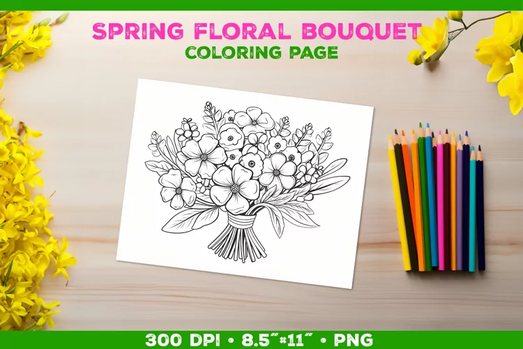 Spring floral bouquet coloring page. Kids coloring book