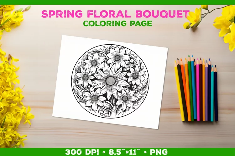 Spring floral bouquet coloring page. Kids coloring book
