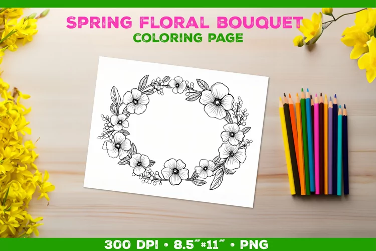 Spring floral bouquet coloring page. Kids coloring book
