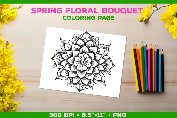 Spring floral bouquet coloring page. Kids coloring book