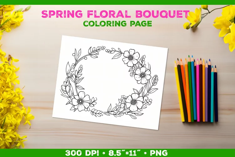 Spring floral bouquet coloring page. Kids coloring book