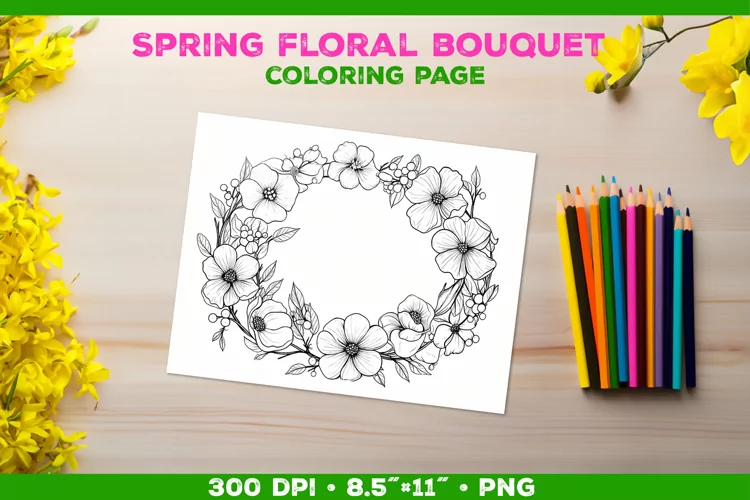 Spring floral bouquet coloring page. Kids coloring book