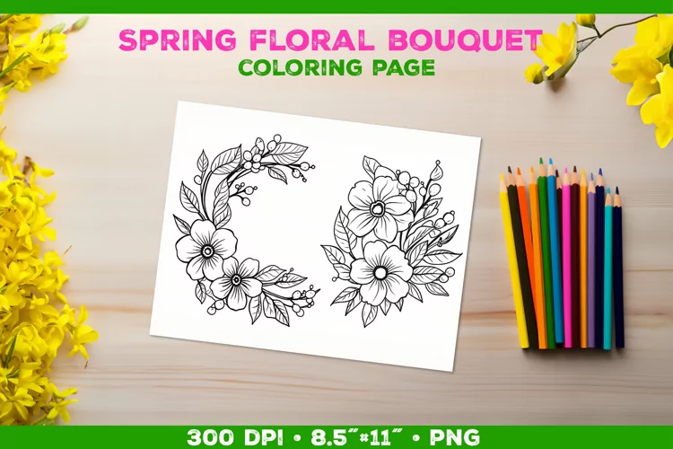 Spring floral bouquet coloring page. Kids coloring book