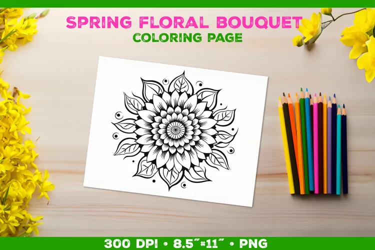 Spring floral bouquet coloring page. Kids coloring book