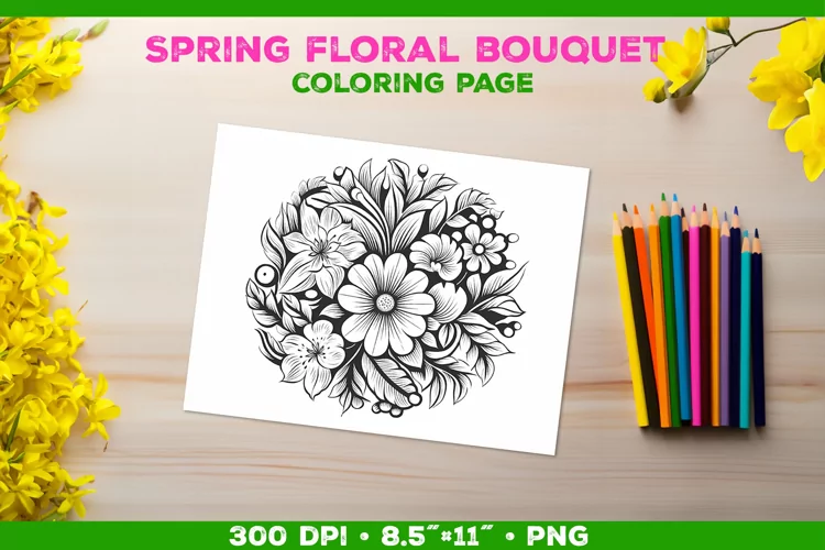 Spring floral bouquet coloring page. Kids coloring book