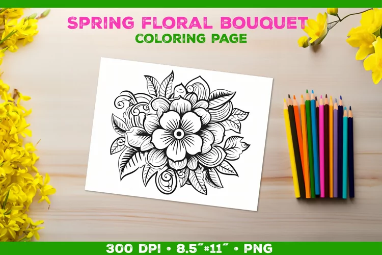 Spring floral bouquet coloring page. Kids coloring book