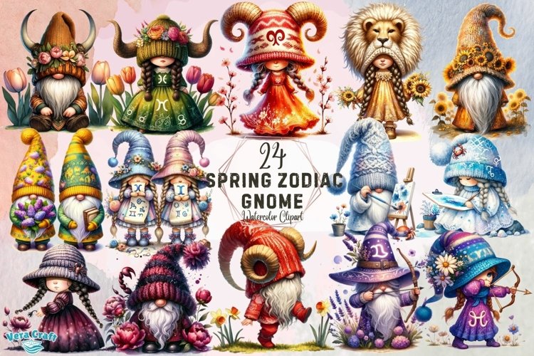 Spring Zodiac Gnome Watercolor Clipart - 24 Variations example image 1