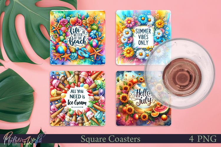 Summer Square Coasters | Beach Quotes | Hello July