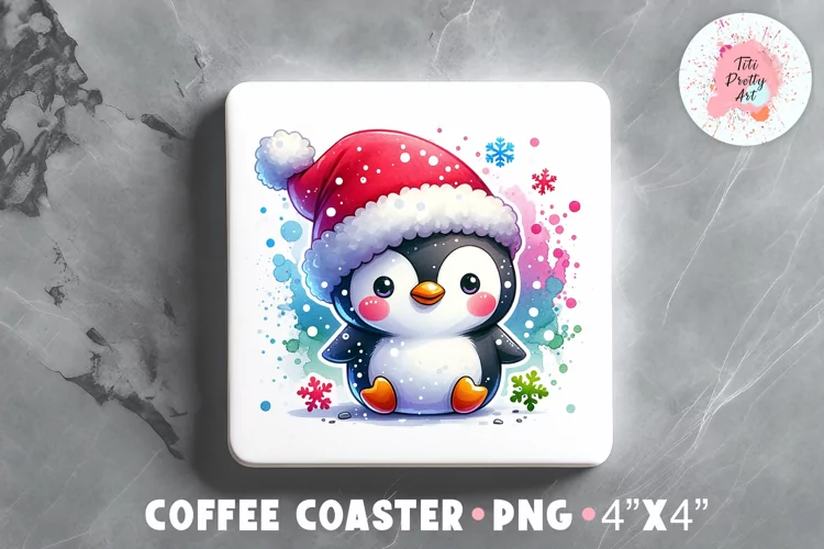 Square Coaster Christmas Pinguin Sublimation Design Png
