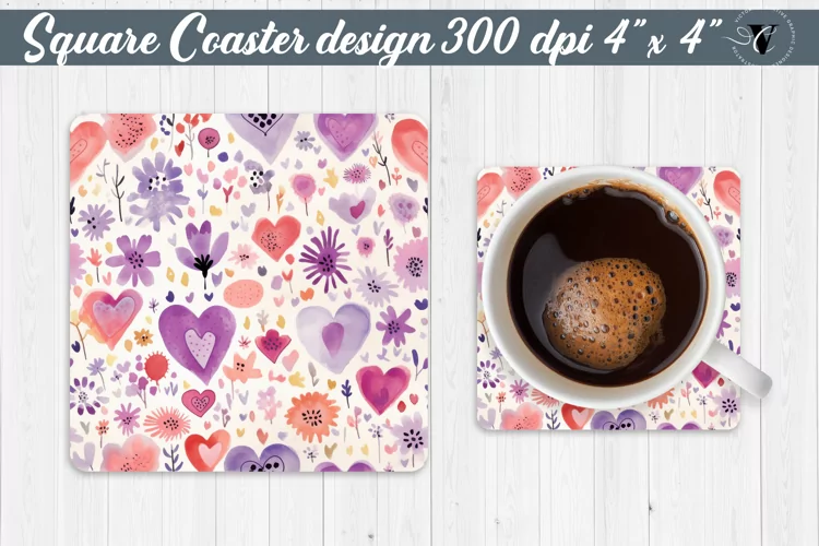Spring Square Coaster | Watercolor flowers, hearts pattern