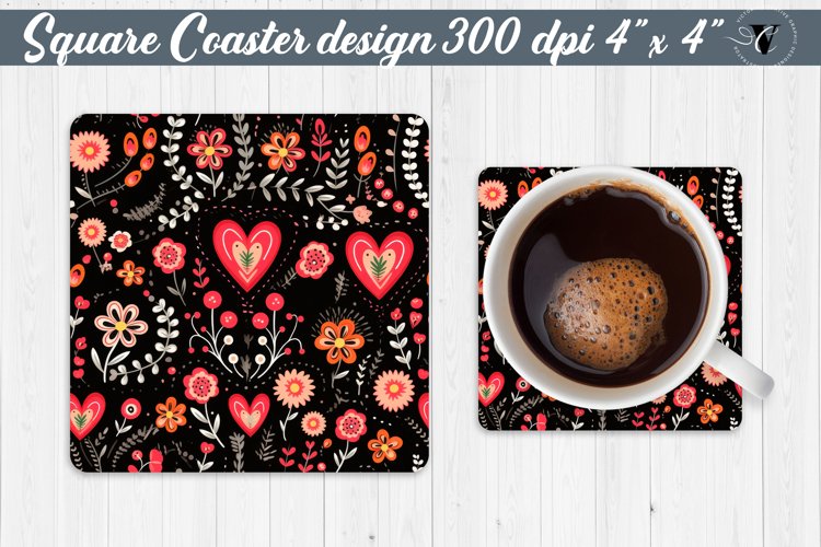 Square Coaster | Hearts and flowers | Folk art