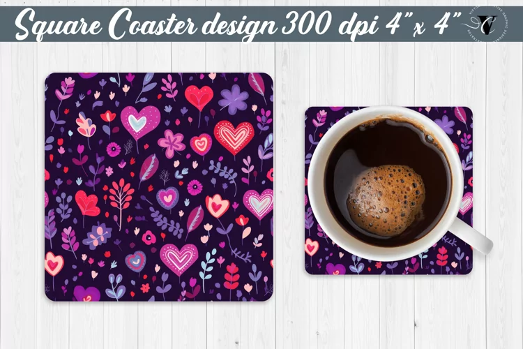 Square Coaster | Hearts and flowers | Folk art