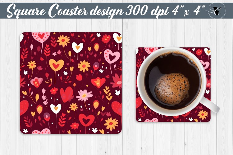 Square Coaster | Hearts and flowers | Folk art