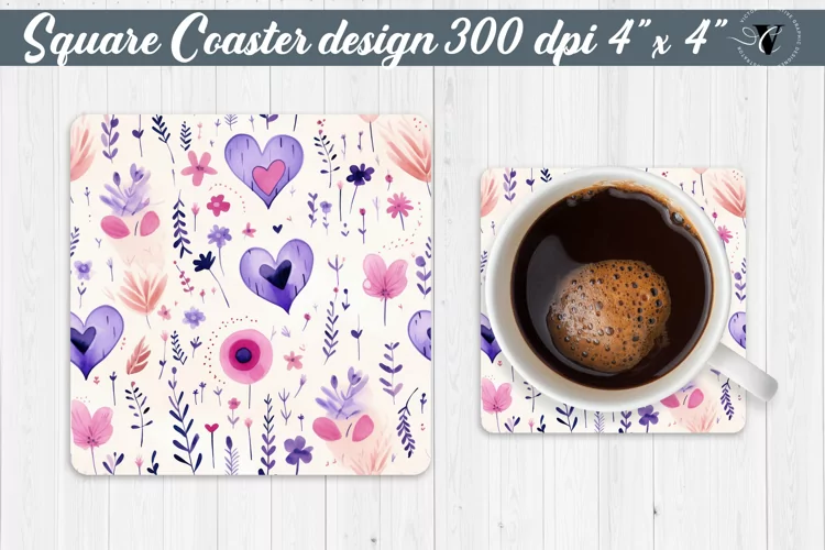 Spring Square Coaster | Watercolor flowers, hearts pattern