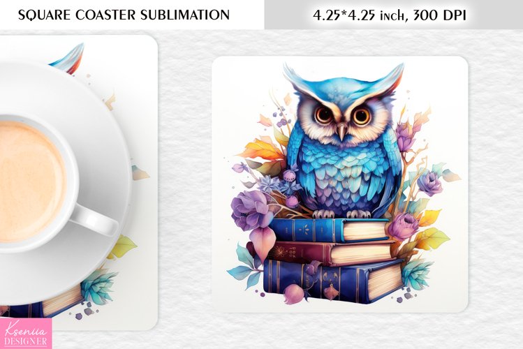 Floral Blue Owl and Books|Animal Square Coaster PNG