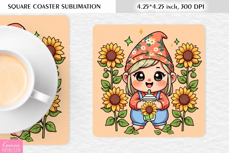 Summer Gnome|Cartoon Gnome Design l Floral Square Coaster